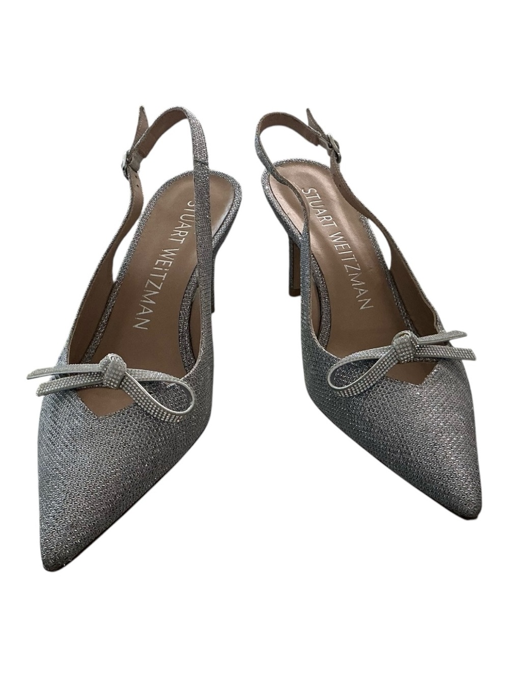 Stuart Weitzman Silver Glitter Slingback Bow Pumps